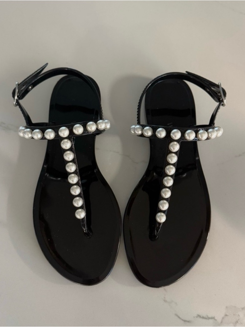 Stuart Weitzman Black Pearl-Trim T-Strap Sandals